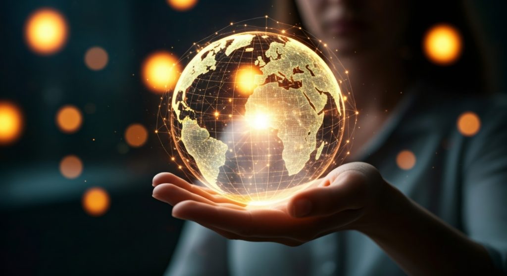 A woman holds a glowing digital earth in her hand with a network of connections. Global communication and technology.