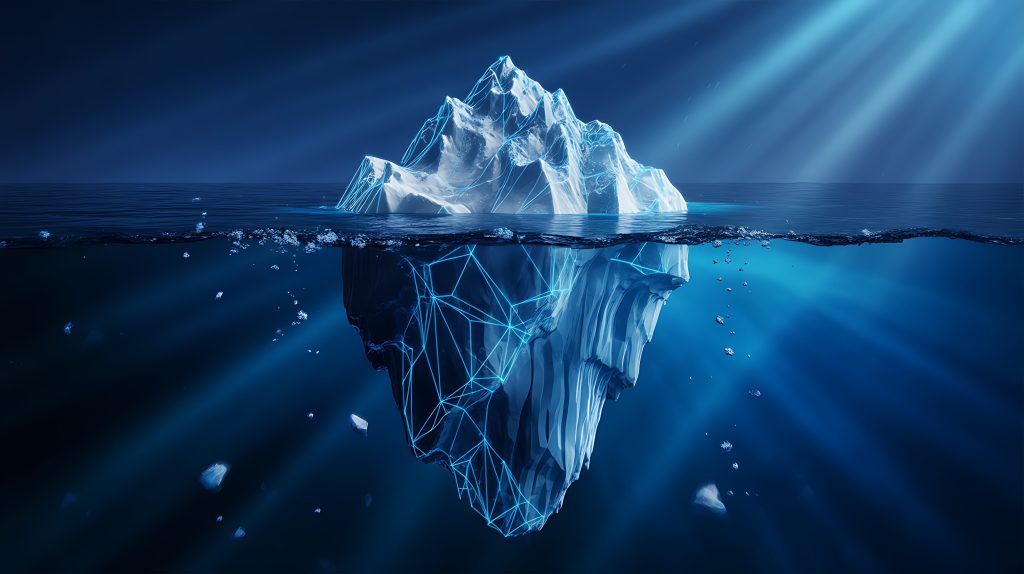An artistic rendition of an iceberg revealing a glowing digital network beneath the surface, symbolizing the vast, unseen aspects of data and technology. This powerful visual metaphor represents the complexity of big data, AI, and information systems in modern business