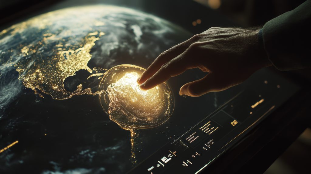 A hand presses a button on a touchscreen, which looks like a globe. The screen is dark.